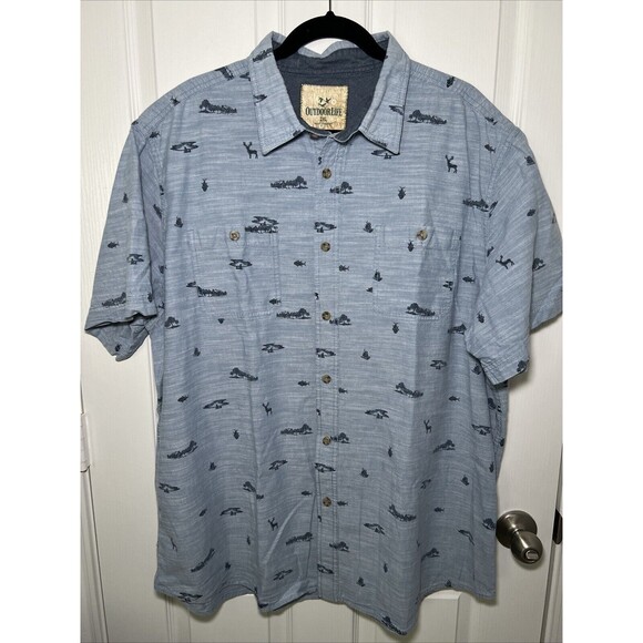Outdoor Life Chambray Blue Deer Fish Print Button Up Shirt XXL Short Slv Cotton - Picture 1 of 8